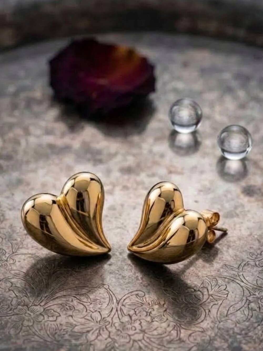 High Polish 18K Gold Plated Domed Puffy Heart Studs Coquette Mob Wife 1.08" W